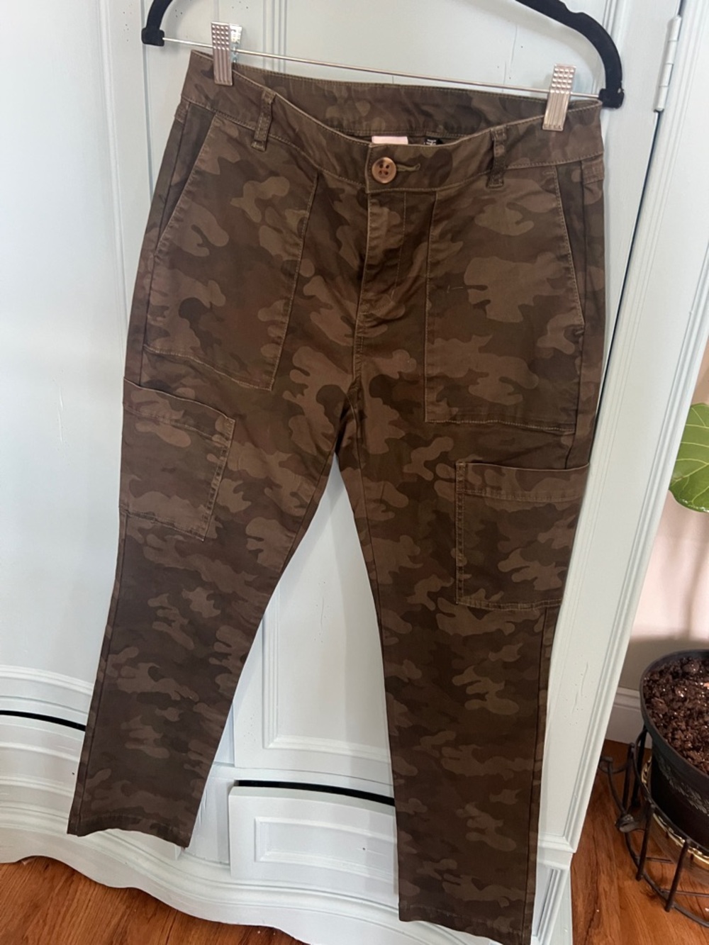 CAbi Women's Straight Leg Cargo Jeans in Olive Camo